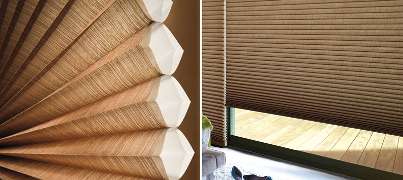 Honeycomb shades, such as these ones from Hunter Douglas Canada, provide a great solution as a large window covering.