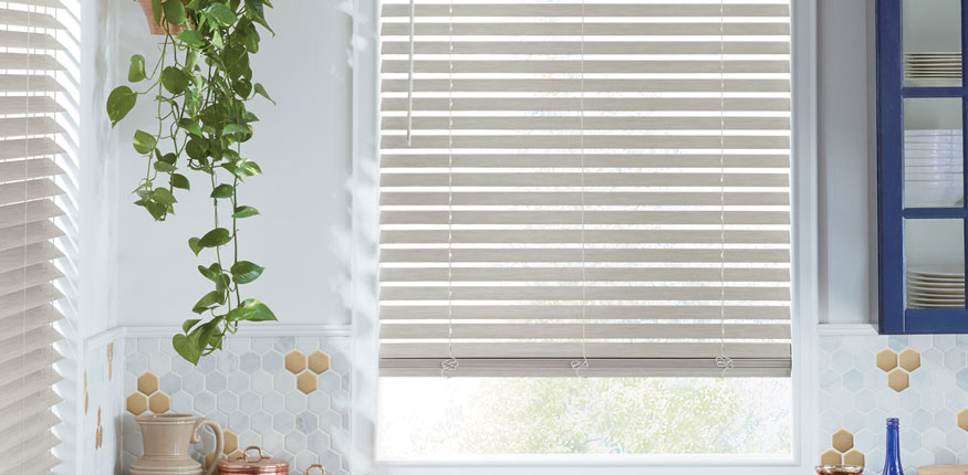 economical window covering ideas include the faux wood Everwood blinds by Hunter Douglas in cochrane calgary